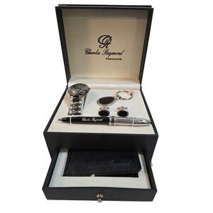 Charles Raymond Mens 5 Piece Gift Set Watch Wallet Cufflinks Keychain Pen Black